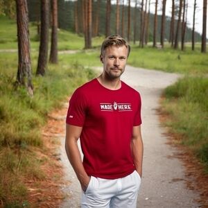 New MADE HERE The General Cotton Men’s Tee Red Black White Short Sleeve T-Shirt